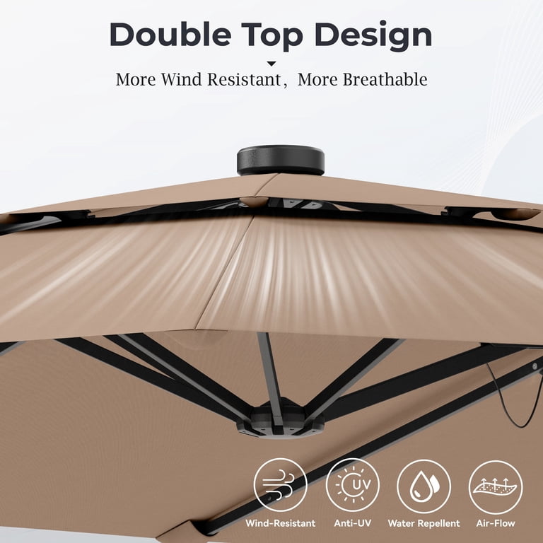 dual vent patio umbrella 13ft 2 Tier Double-Sided Vented with Base, Without Lights / Beige Breezy Comfort AllModern Menades Double-Sided Cantilever Umbrella