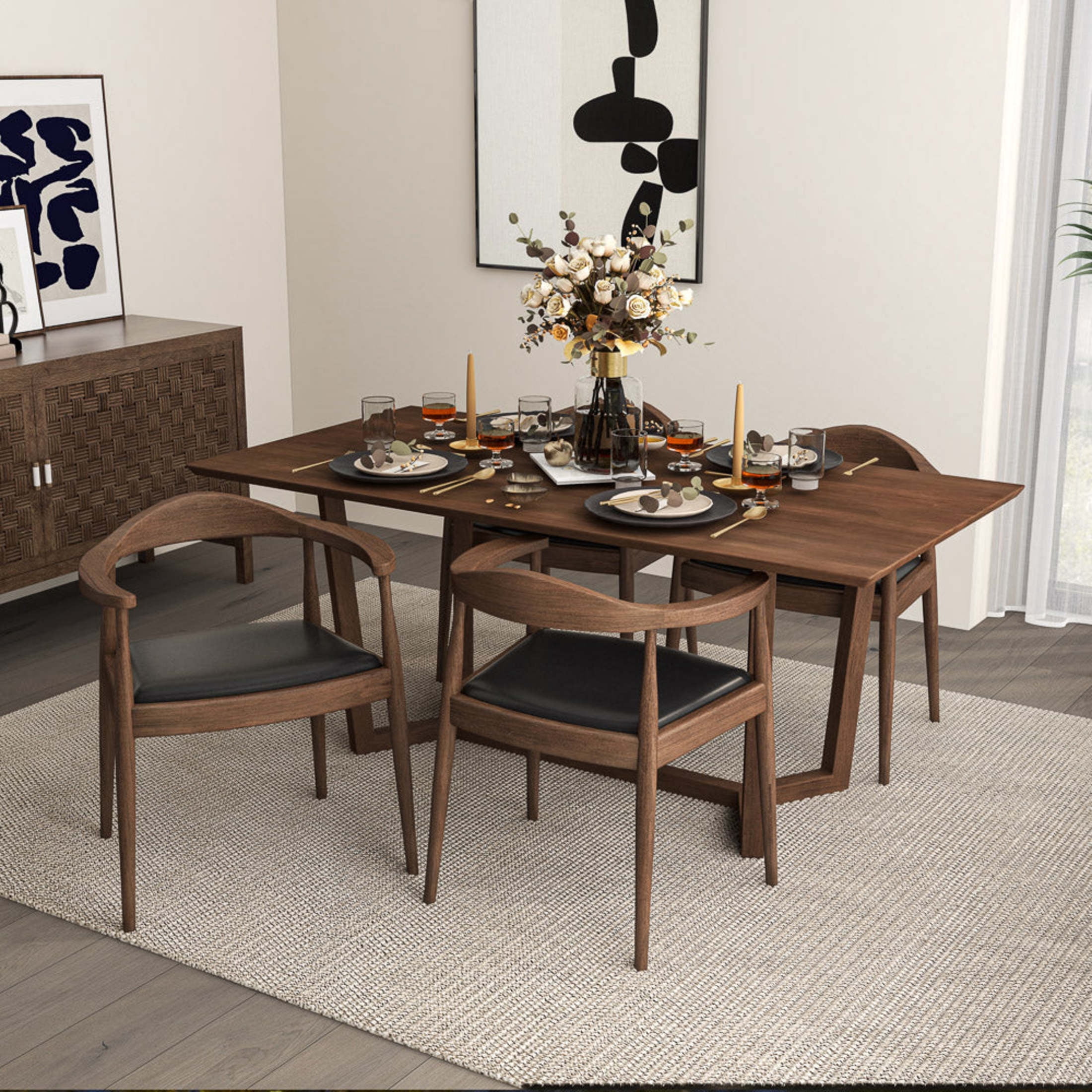 Noble House Trevor Kelly Mid-century Modern Dining Chair, Solid Wood Frame with Leather Upholstery, Black and Brown