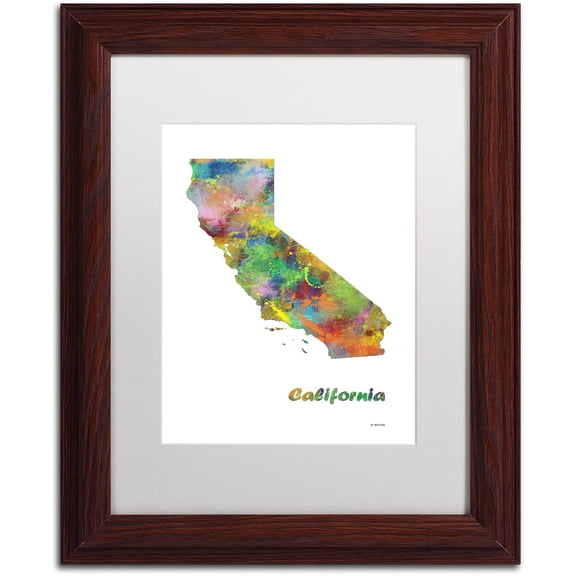 Trademark Fine Art "California State Map-1" Canvas Art by Marlene Watson, White Matte, Wood Frame