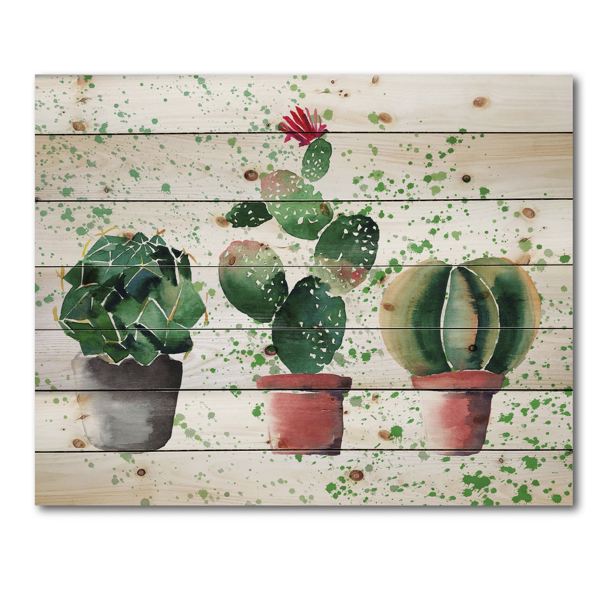 Designart 'Three Cacti In Clay Pots With Green Dots' Botanical Print on Natural Pine Wood
