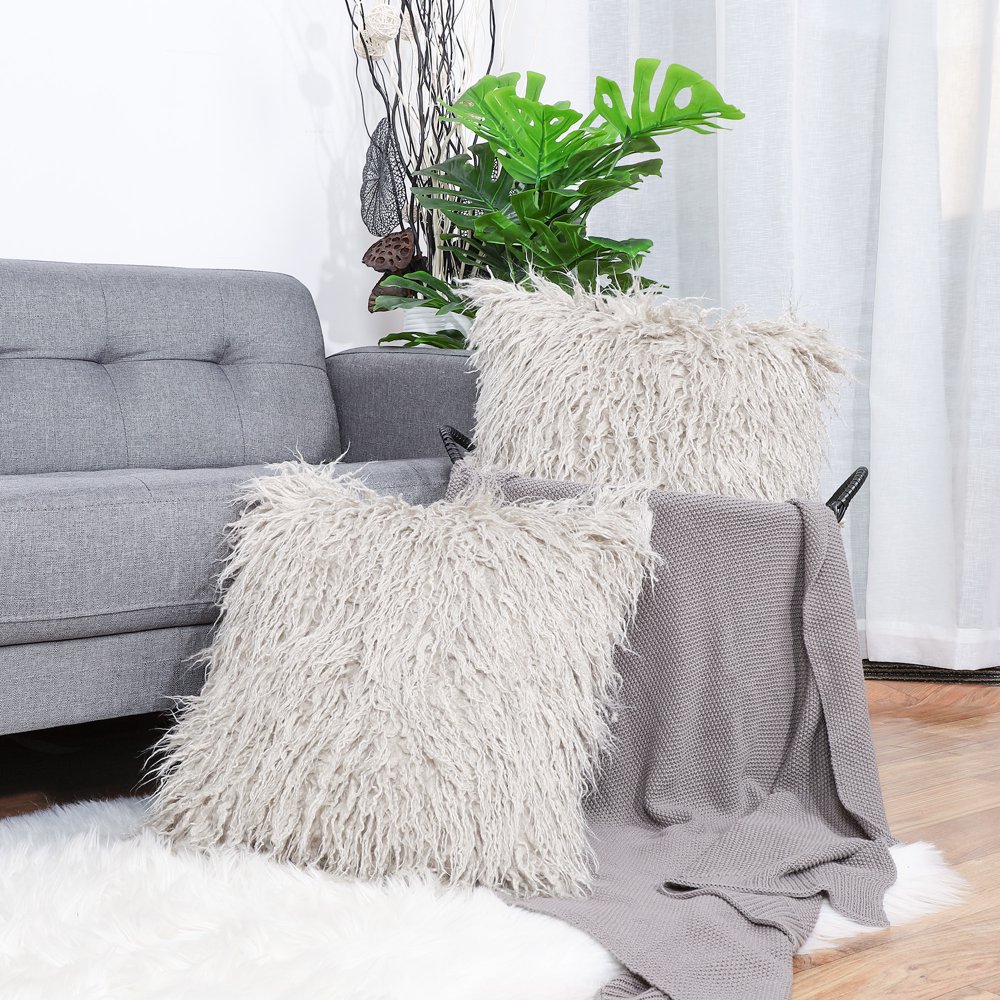 PiccoCasa Pack of 2, Shaggy Faux Fur, Soft Plush Square Cushion Cover