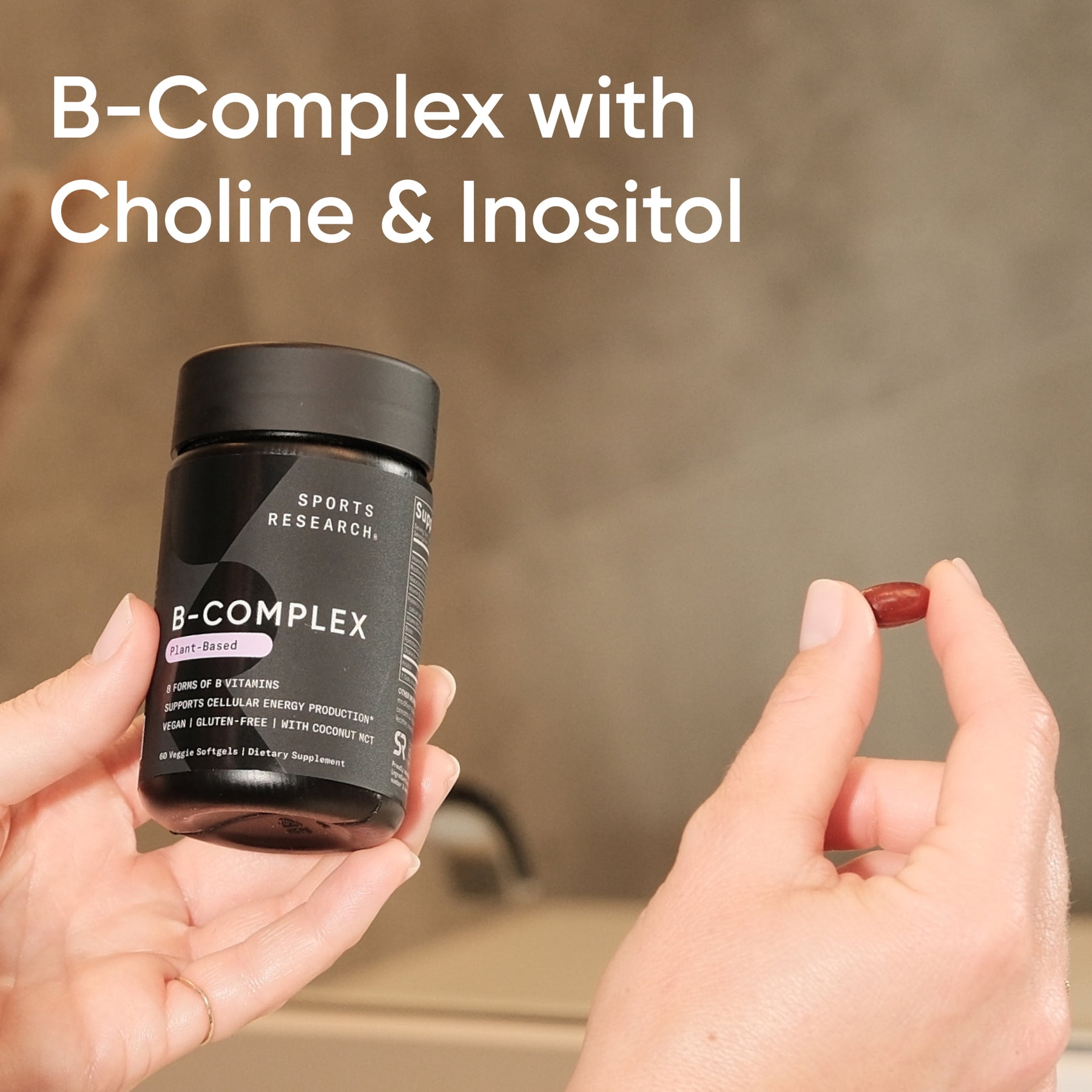 Sports Research® Vitamin B-Complex - Full Spectrum of B Vitamins with Methylated B12 & Folate - Gluten Free ·  Plant-Based · Non-GMO · Vegan-Friendly Formula - 120 Veggie Softgels