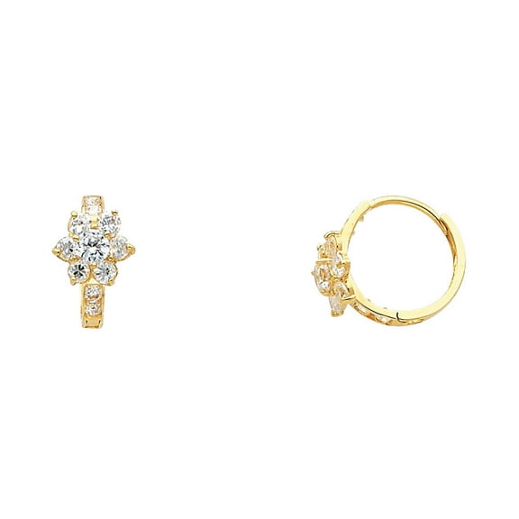 Solid 14k Yellow Gold Flower Huggies Earrings CZ Huggie Floral Round Hoops Polished Fancy Small 10 mm