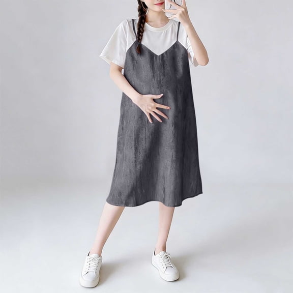 BRGZLK Women's Maternity Midi Dress 2026 Summer Short Sleeve Crewneck Fake Two-Piece Dresses Lightweight Loose Comfortable Pullover Pregnancy Dresses Gray XXL