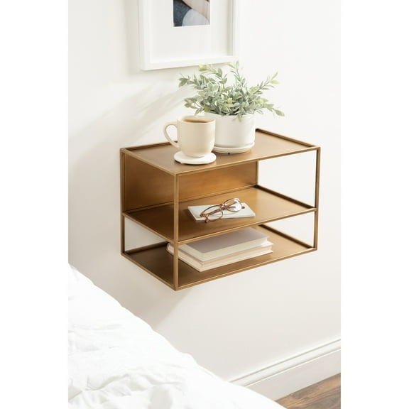 Kate and Laurel Nomi Modern Metal Floating Side Table with Storage, 18 x 10 x 12, Gold, Contemporary Tiered Floating End Table for Use as Wall Shelf for Small Spaces
