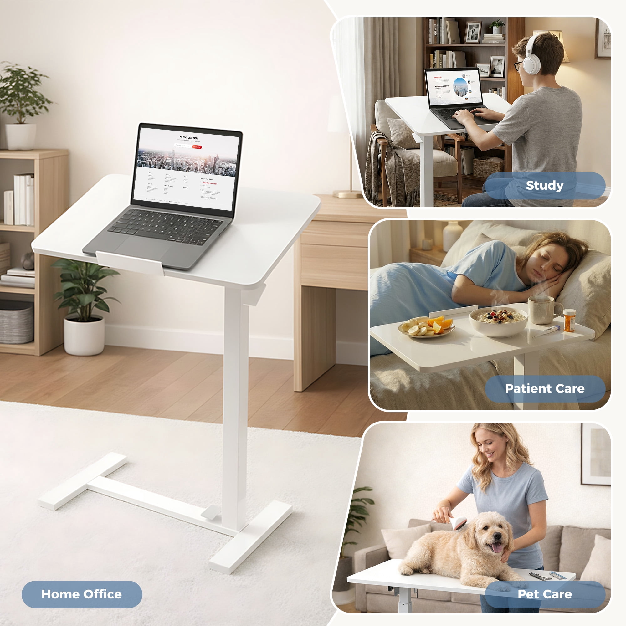 EDX Adjustable Overbed Table with Wheels, Rolling Laptop Bed Desk for Home Hospital Use, Height & Tilt Adjustable Mobile Table for Eating, Working, Reading， White