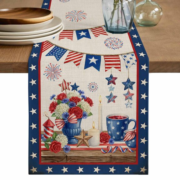 Independence Day Table Runner 72 Inches, American Flag Star Floral Beige Rustic Bed Runner Dresser Scarves Tabletop for Indoor Outdoor Parties/Ceremony/Banquet, 16" x 72"