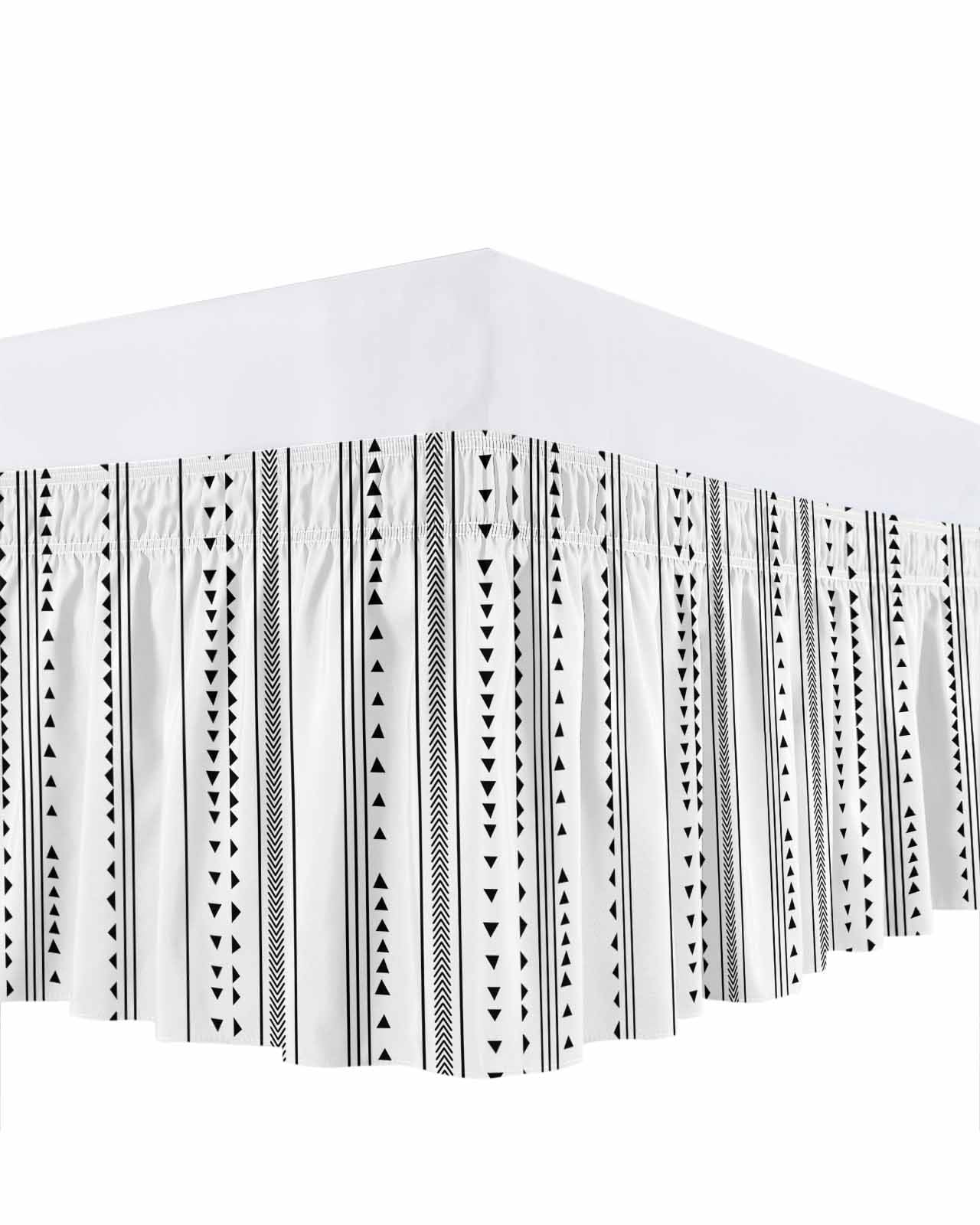 White Boho Bed Skirt Queen Size 16 Inch Drop, Geometric Adjustable Elastic Dust Ruffles Bedskirt for Queen Bed Wrap Around Pleated Mattress Frame Cover