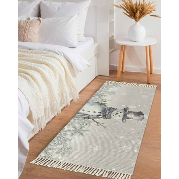Grey Snowman Christmas Hallway Runner Rug 2x5ft,Xmas Berry Winter Snowflake Washable Woven Living Room Bedroom Kitchen Bathroom Carpet with Tassels,Indoor Outdoor Throw Door Mat for Entryway
