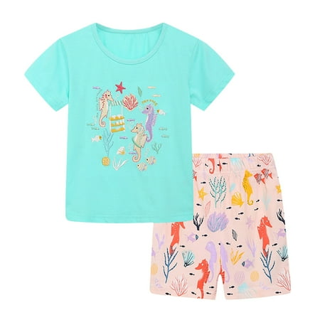 

Children Clothing Set Short Sleeved Knitted Cotton Color Pattern Summer Girls Outfit Set Suit Cartoon Cute Embroidery Children Two Piece Set