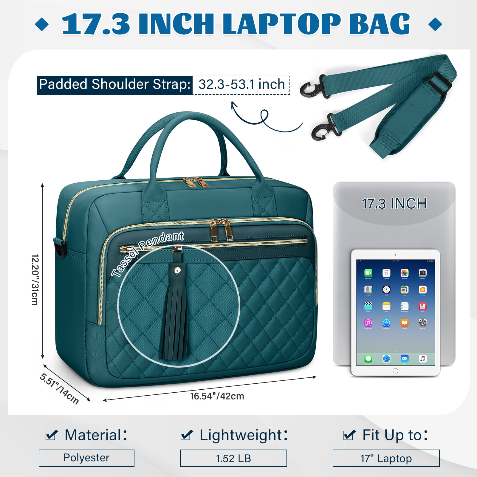 RAINSMORE Laptop Bag 17.3 Inch Messenger Shoulder Bags for Women Waterproof Computer Briefcase Large Laptop Case for Work Business Office College Travel,Dark green