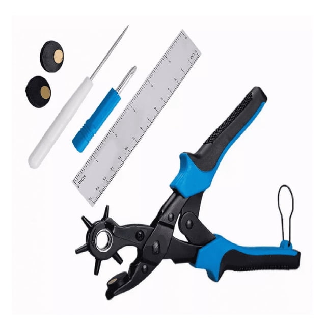 Kit Pinza Sacabocados Ojilladora Perforadora Para Cinturón. negro azul plata