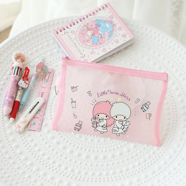 Sanrio Mesh Zipper Pencil Bag Hello Kitty Cinnamoroll Kuromi Student Storage Case Transparent Protable Stationery Cosmetics Bag Loveliness