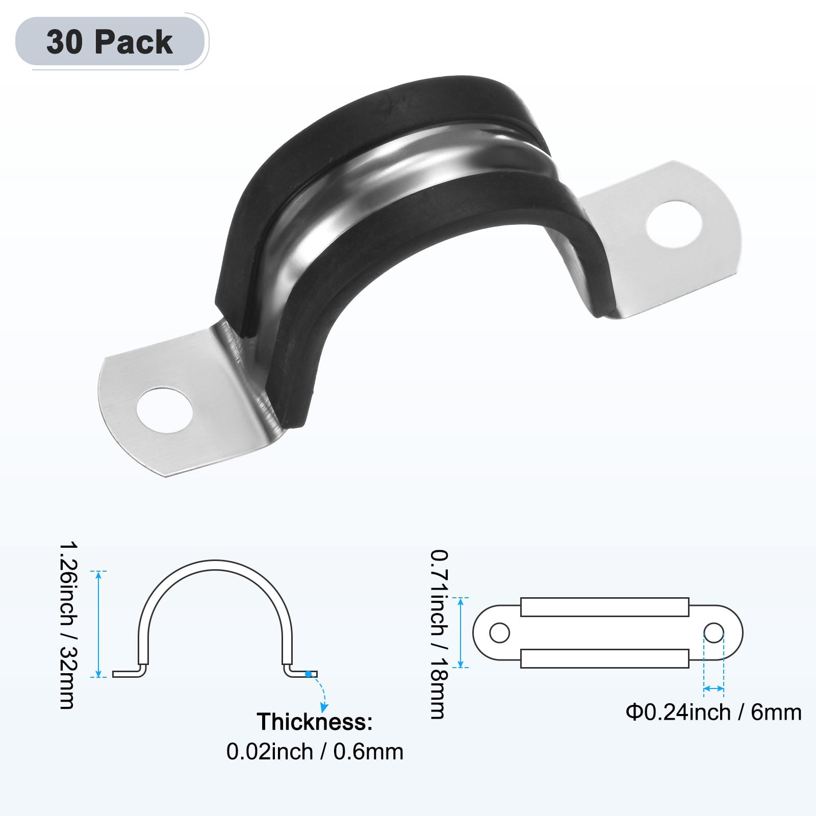 Uxcell 30 Pack Cable Clamps 1.26" 304 Stainless Steel Rubber U Shape for Tube