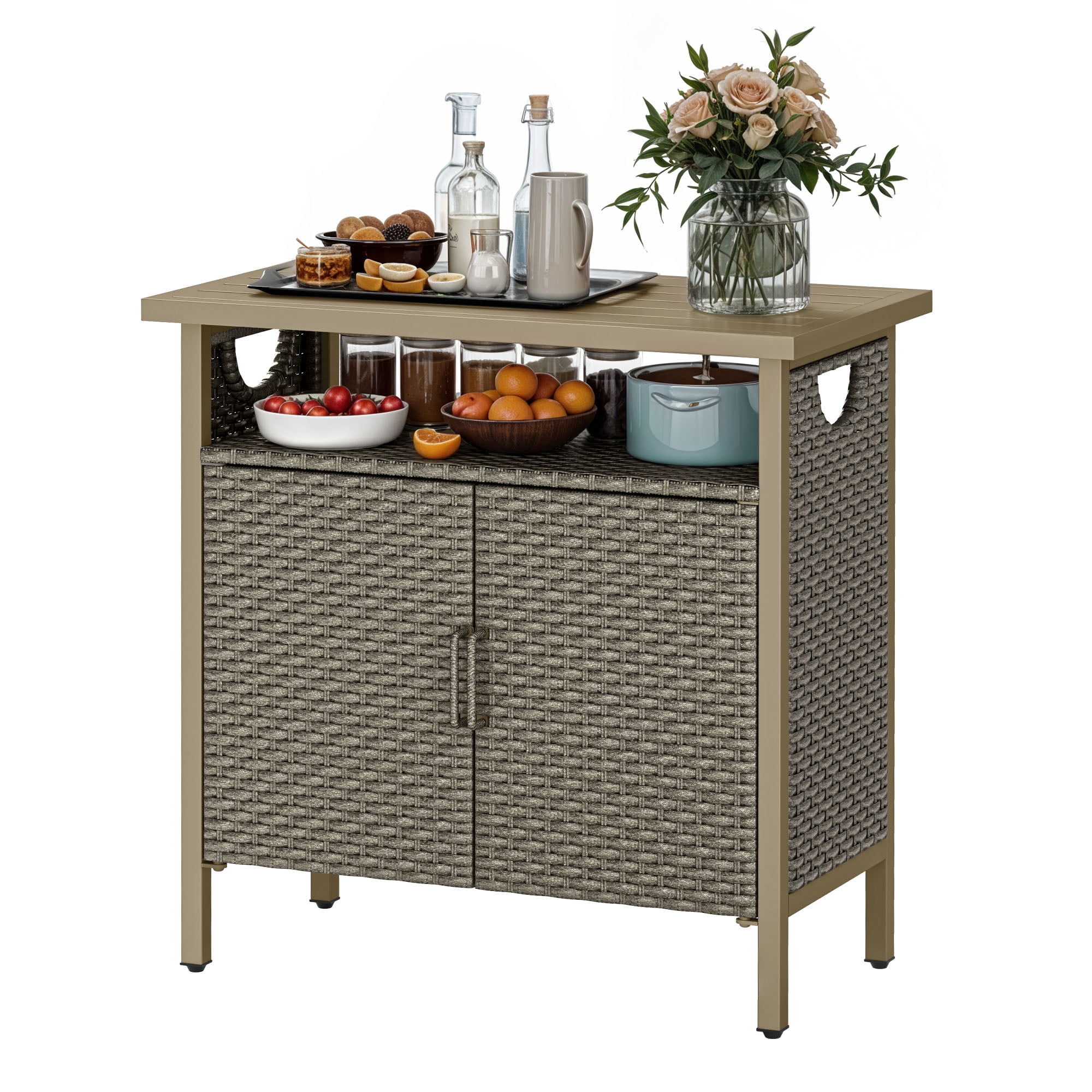 Uforic Patio Wicker Bar Table, Outdoor Wicker Storage Cabinet, Bar Counter Table, Deck Box - Brown