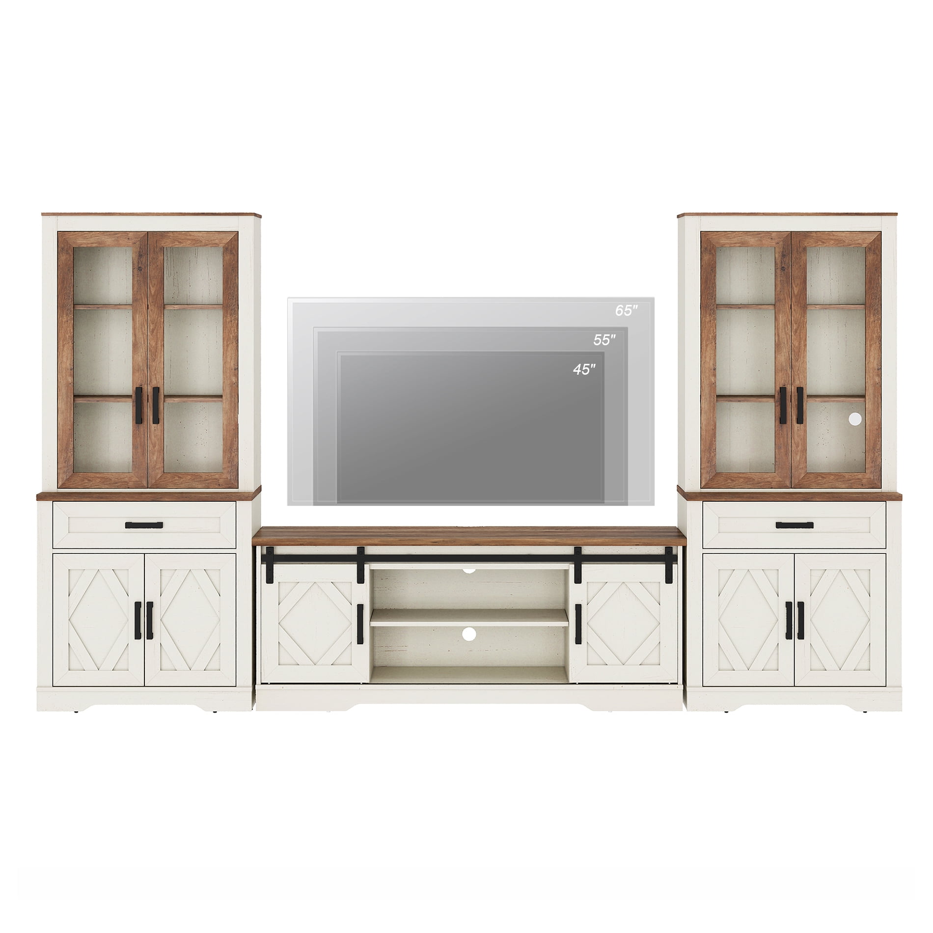 WAMPAT Farmhouse Entertainment Center with Bookshelf for TVs up to 65",Mid Century Modern TV Stand with 73"H Tall 5-Tier Bookcase with Open Storage and Barn Doors for Living Room,Oak