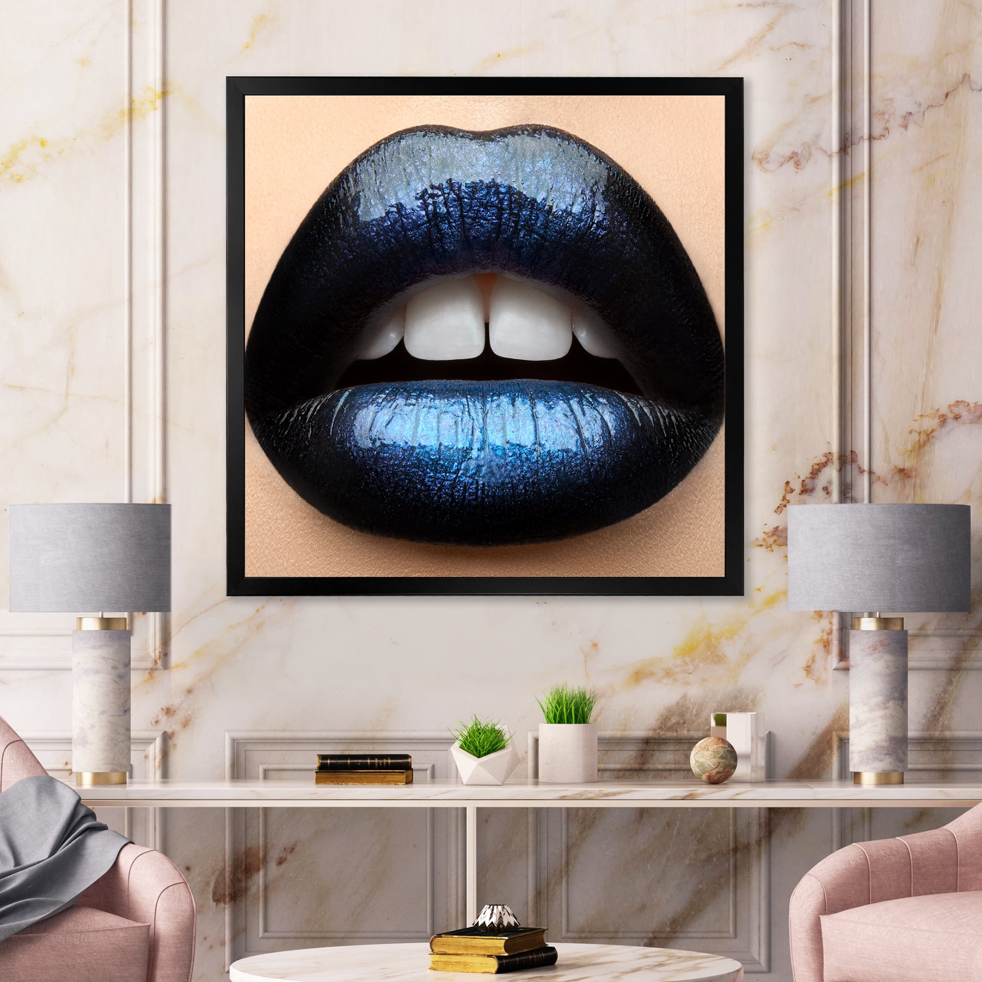 Designart 'Girl Lips With Black and Blue Lipstick' Modern Framed Art Print