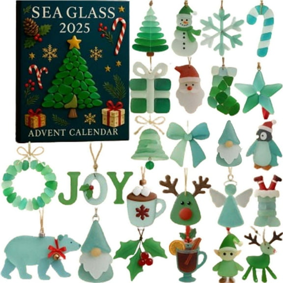 2026 Sea Glass Christmas Advent Calendar - Daily Countdown Decor for Holiday, Each Day Unveils a Sea Glass Surprise, Festive for Home, Office, Adults, Builds Holiday Anticipation, 24pcs, Green