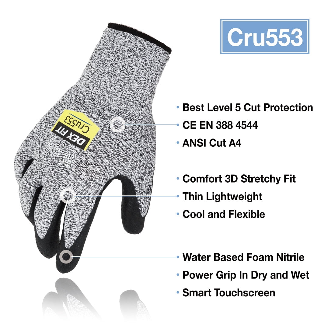 DEX FIT CRU553 Grey Level 5 Cut Resistant Gloves (Power Grip, Durable Foam, X-Large) - 3 Pair