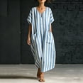 thumbnail image 4 of ClodeEU Women's Striped V Neck Short Sleeve Linen Blend Midi Dress, Casual Loose Swing Sundress with Pockets Sky Blue,Women's Plus XXL, 4 of 7