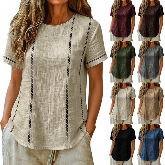 ClodeEU Women's Striped Round Neck Short Sleeve Blouse,Casual Summer Linen Blend Tee Army Green,Women's Plus L