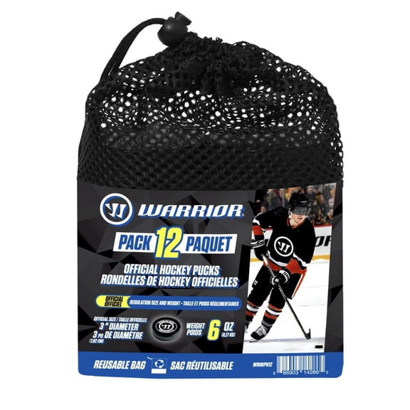 Ensemble de 12 rondelles de hockey Warrior de 6 oz – taille officielle avec sac en filet