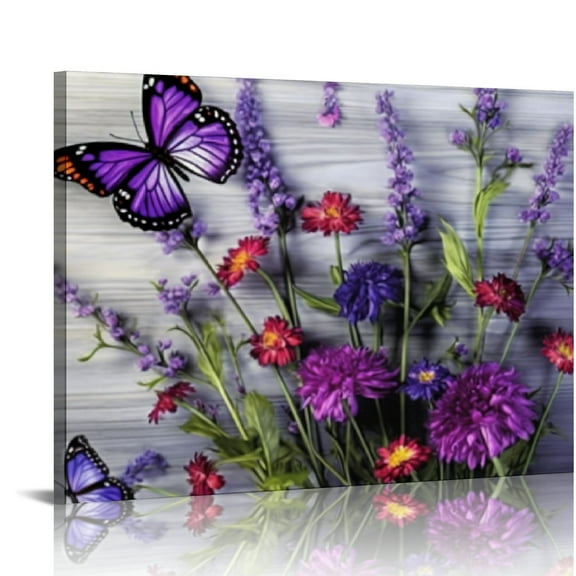 COMIO Purple Flower Pictures Wall Art Canvas Prints Bathroom Decor Floral with Butterfly Paintings for Living Room Bedroom office Home Kitchen Decorations Natural Artwork Wooden