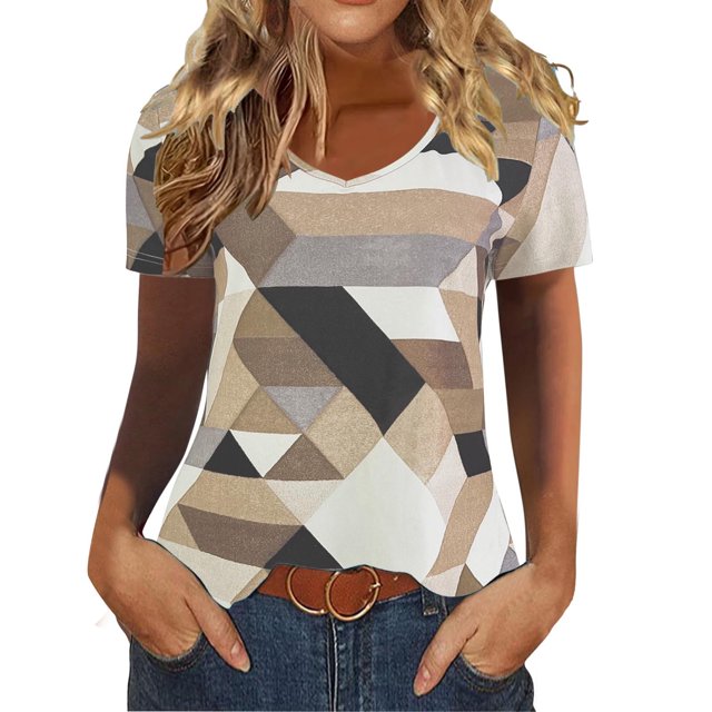 Fiudx Camisas para Mujer Blusas Casuales de Verano para Mujer, Camiseta Estampada con Cuello En V, Camisetas de Manga Corta
