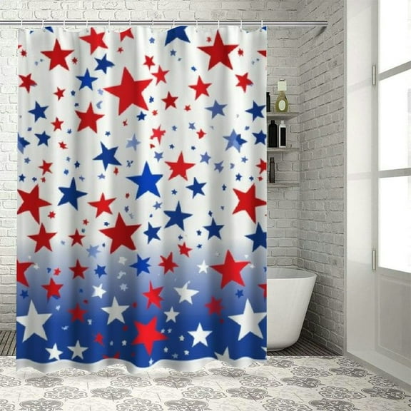 PRATYUS 4th of July Shower Curtain, Red and Blue Stars American Independence Day Shower Curtain for Bathroom, Memorial Day President Day Fabric Bath Curtain with Hooks White