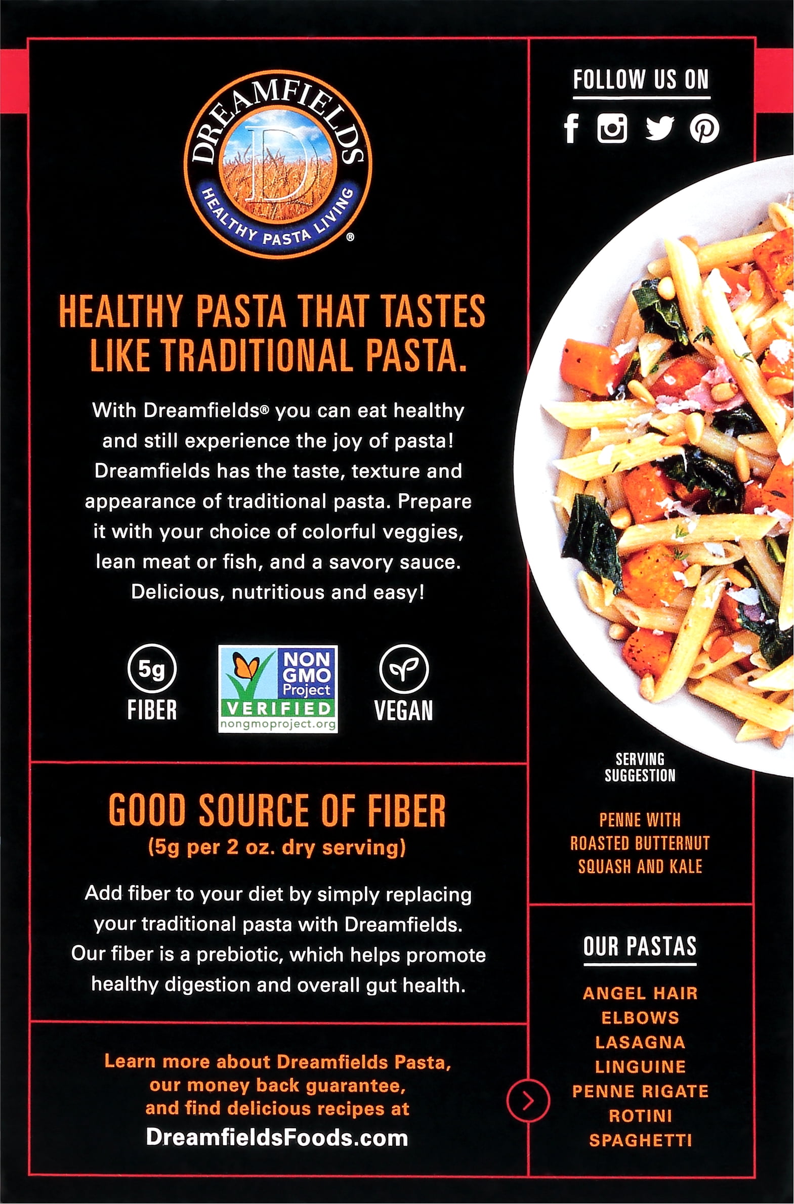 Dreamfields Penne Rigate Pasta, Vegan with 5g Fiber, 13.25 oz, (Shelf Stable)
