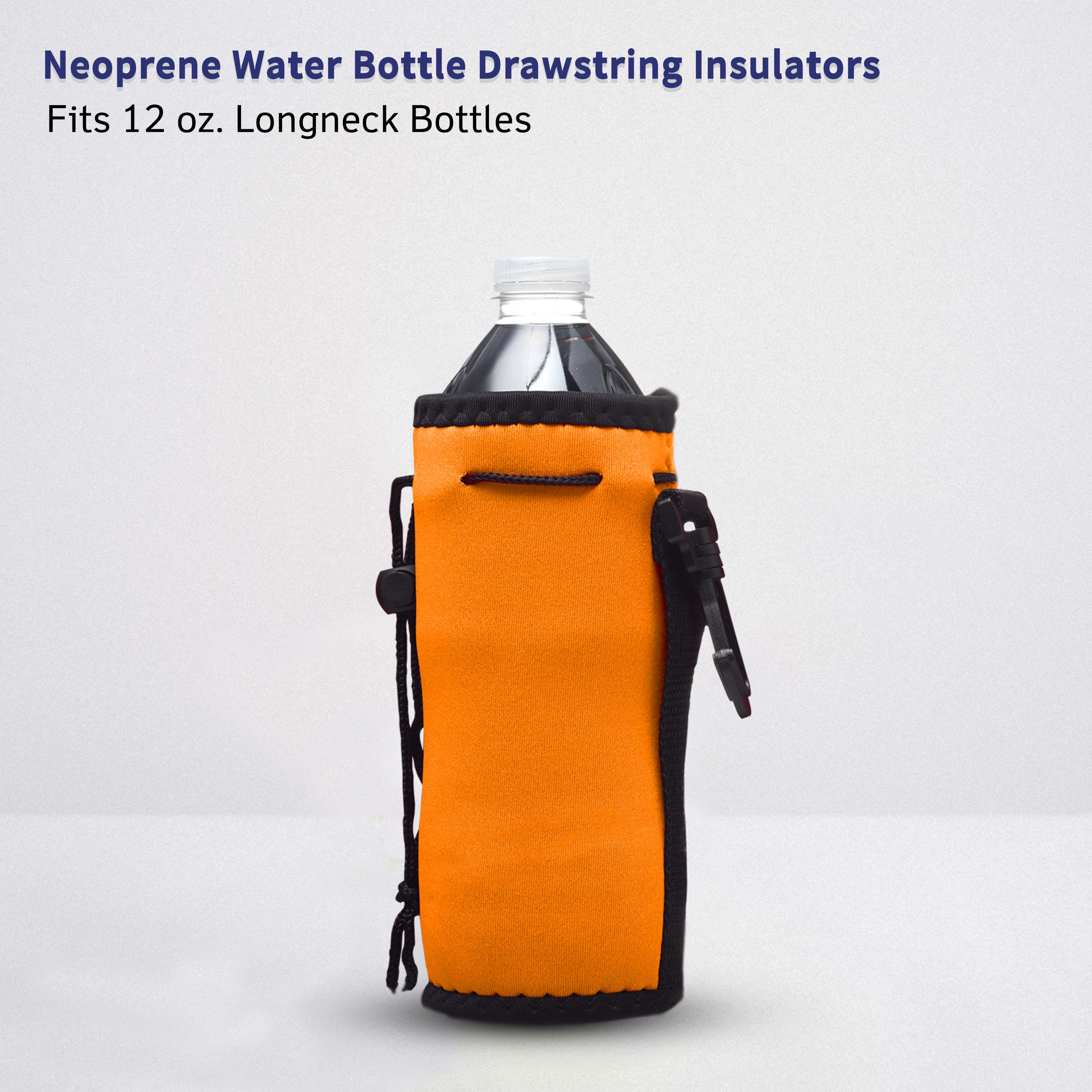 10 Neoprene Water Bottle Drawstring Insulators Pack - 12 oz. Longneck, Hook - Neon Orange