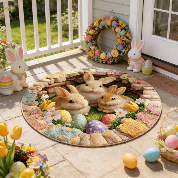 3D Easter Bunny Doormat – Non-Slip Faux Plush Entryway Rug with Retro Wood & Egg Design – Soft Washable Floor Mat for Spring Front Porch & Living Room,D