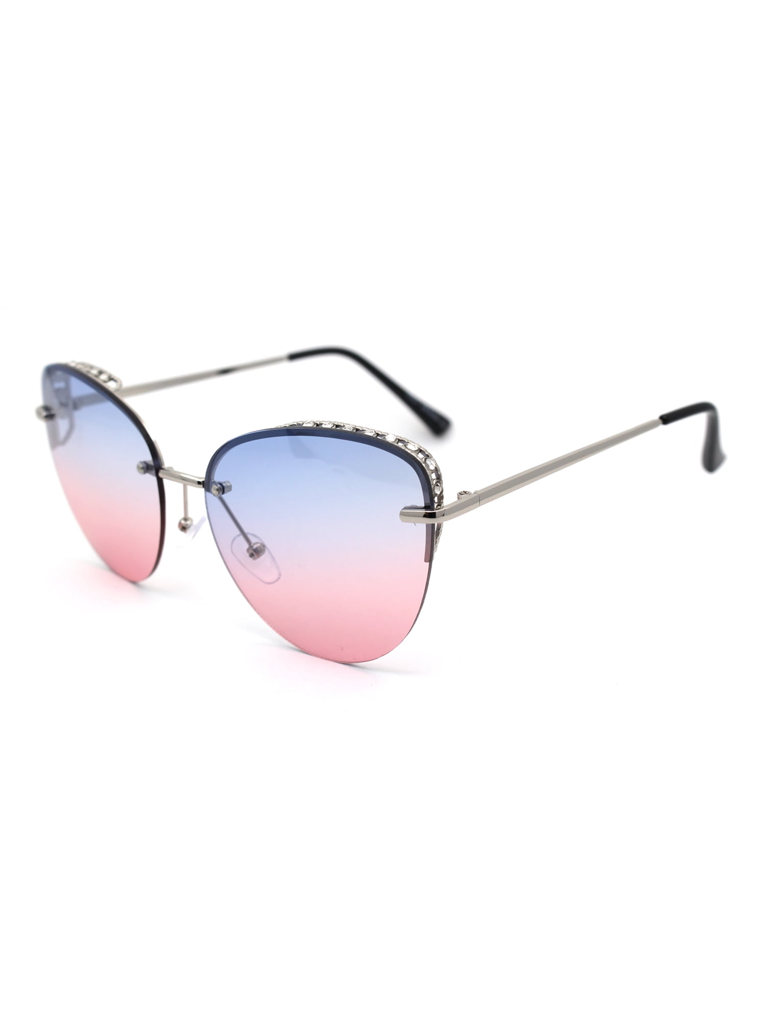 Womens Rhinestone Edge Jewel Rimless Cat Eye Sunglasses Silver Blue Pink 
