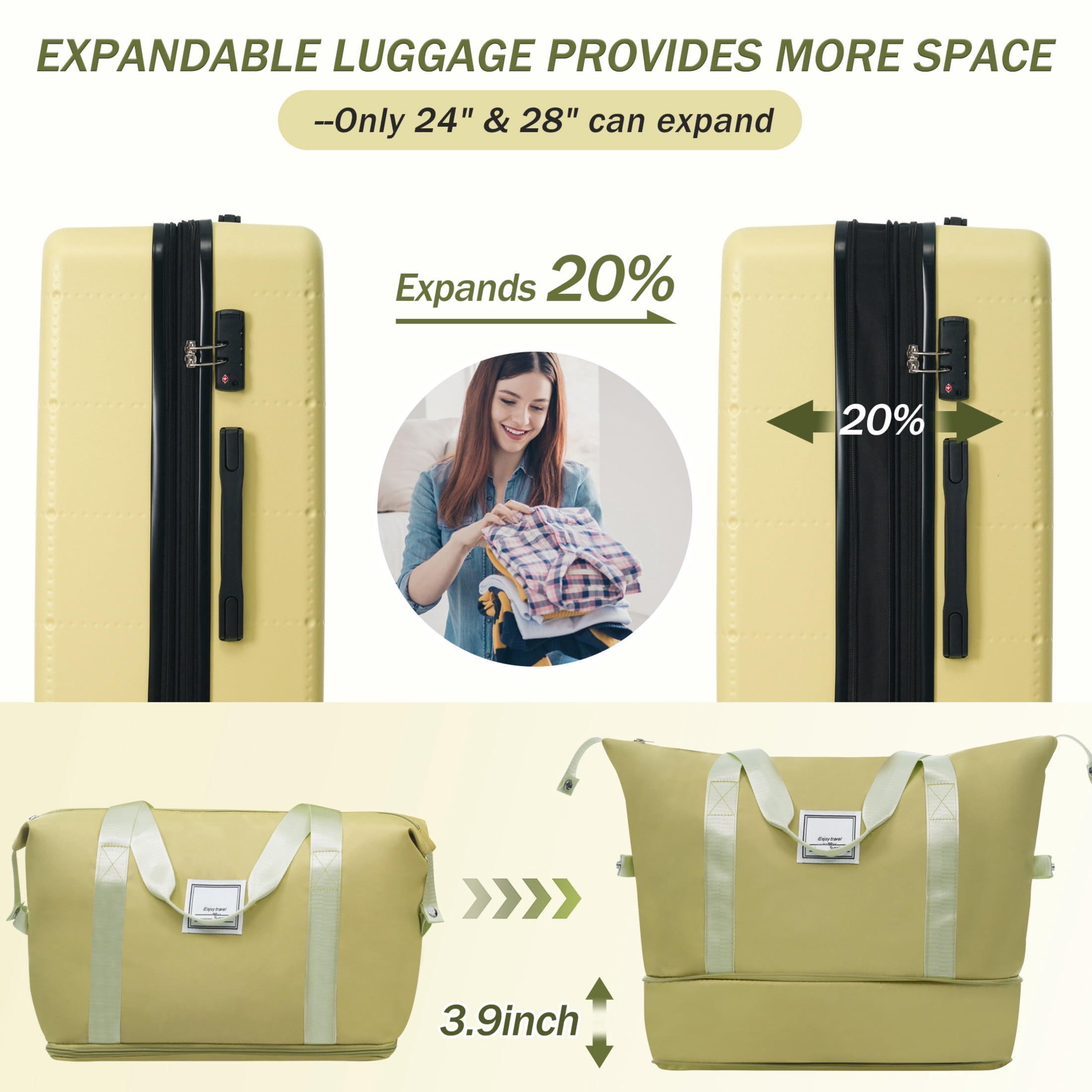 GDF Studio 5-Piece Hardside Luggage Set, Carry-On Suitcase with USB Port and Checked Bags, Spinner Wheels, Yellow