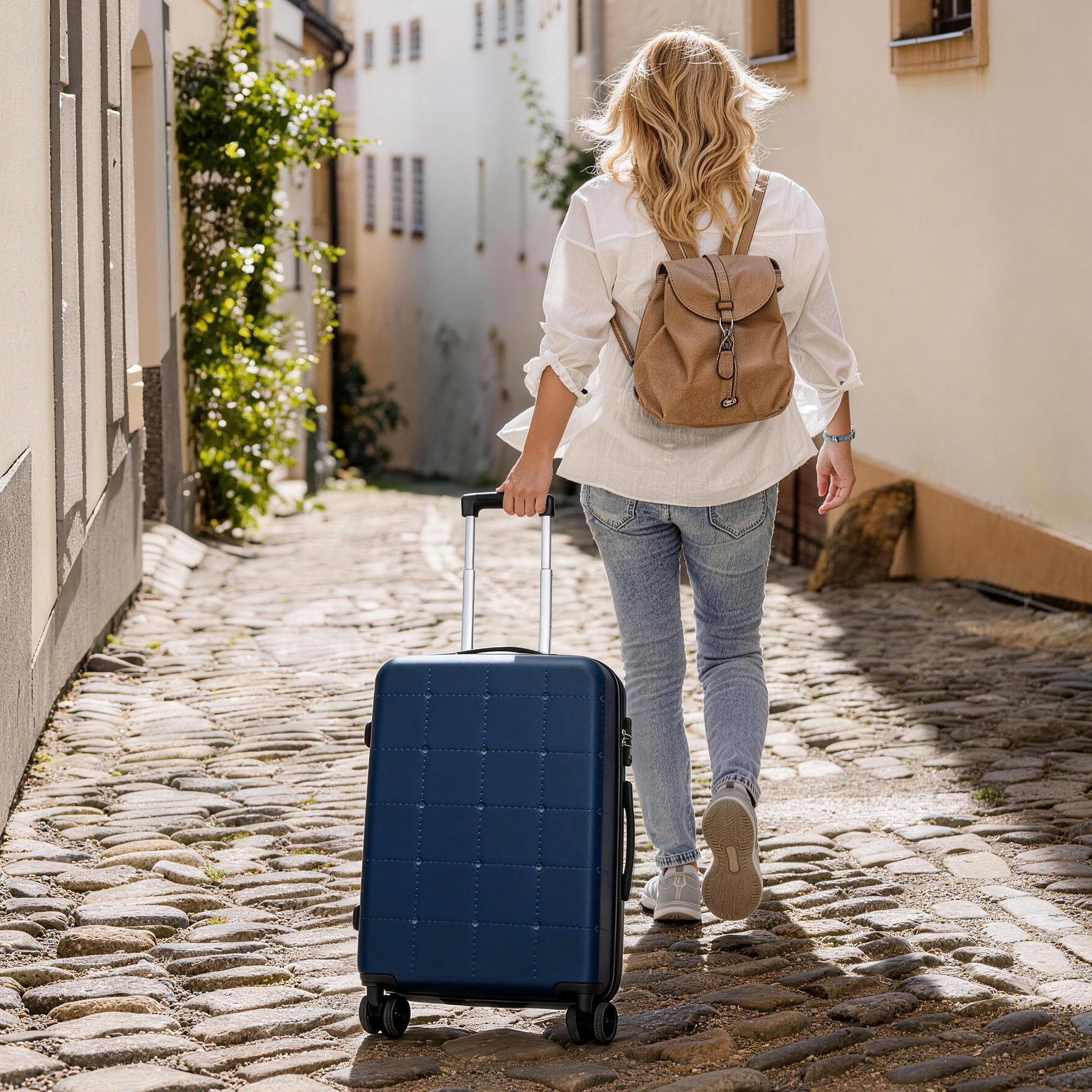 Euroco Luggage Sets 5 Piece, ABS Hardside Expandable Suitcase Set with TSA Lock Spinner Wheels and 2 Bags,20" Half-opening Carry on Luggage with USB Port for Travel,Blue(20"/24"/28")