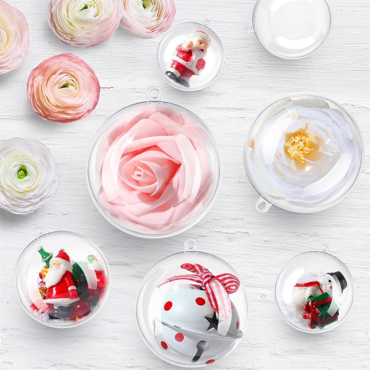 Yayun 50 Pcs Christmas Clear Plastic Fillable Balls, DIY Craft Transparent Baubles Christmas Tree Hanging Ornament for Birthday Valentine Decor (1.2 in/1.6 in/2 in/2.4in/2.8 in)