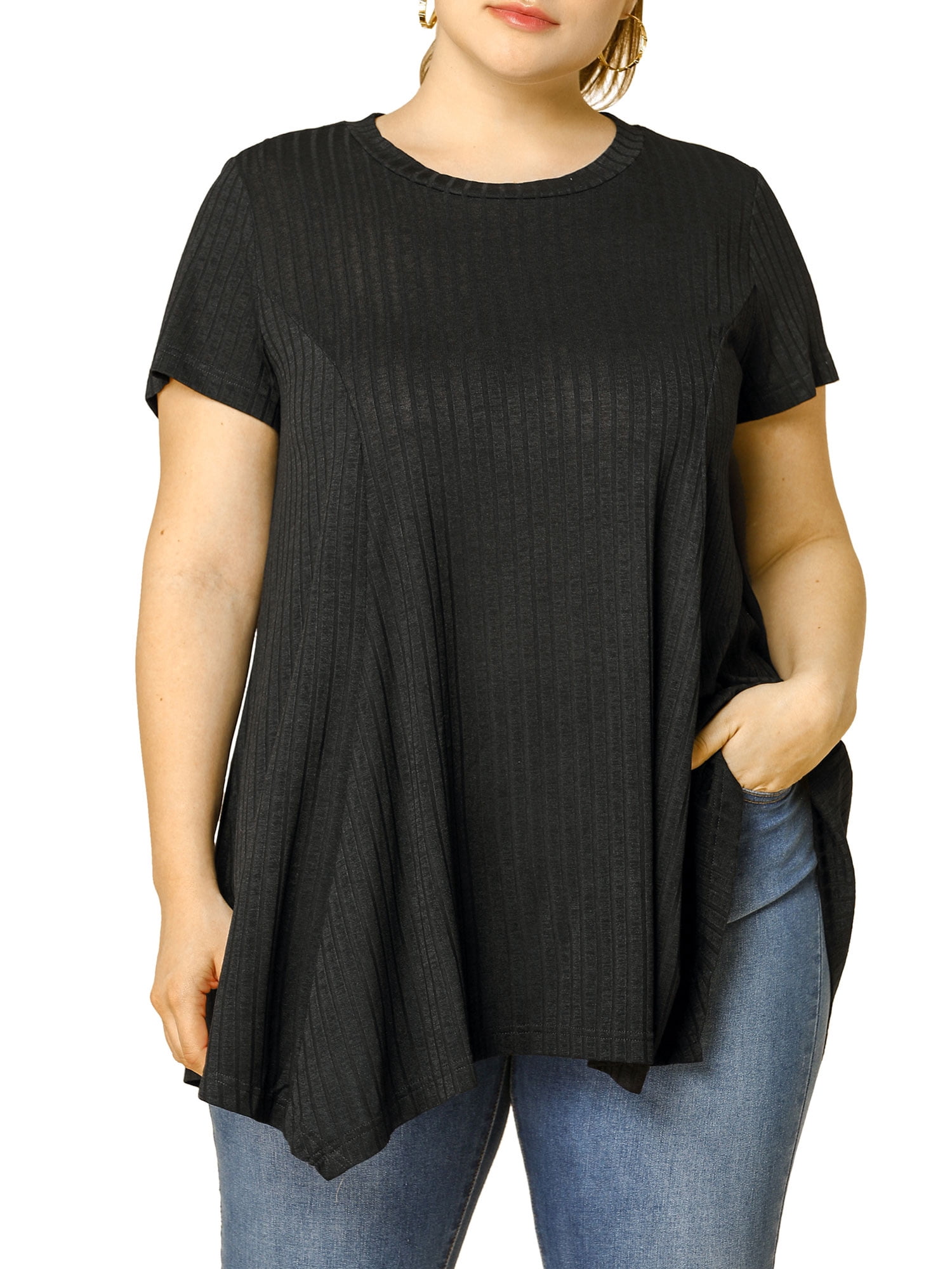 DARING DIVA Women's Plus Crew Neck Flowy Swing Loose Tunic Tops 2X Black