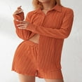 thumbnail image 3 of Women Casual 2 Pcs Clothes Set Solid Color Ruched Long Sleeve Button Down Shirts with Shorts Suit, 3 of 7