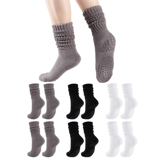 COOPLUS 6 Pairs Womens Scrunch Slouch Socks with Non-Slip Grips, Cushion Moisture Wicking Crew Socks for Yoga Pilates Barre