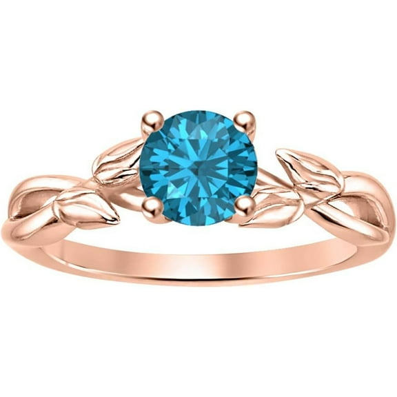 925 Sterling Silver 14K Rose Gold Finish Round Cut Swiss Blue Topaz Leaf Solitaire Engagement Ring For Womens