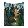 thumbnail image 1 of Colorful Soft Flannel Fleece Throw Blanket, Kid Running in the Middle of Woods with a Map Adventure, Cozy Plush for Indoor and Outdoor Use, 50" x 60", Forest Green Dark Teal, by Ambesonne, 1 of 6
