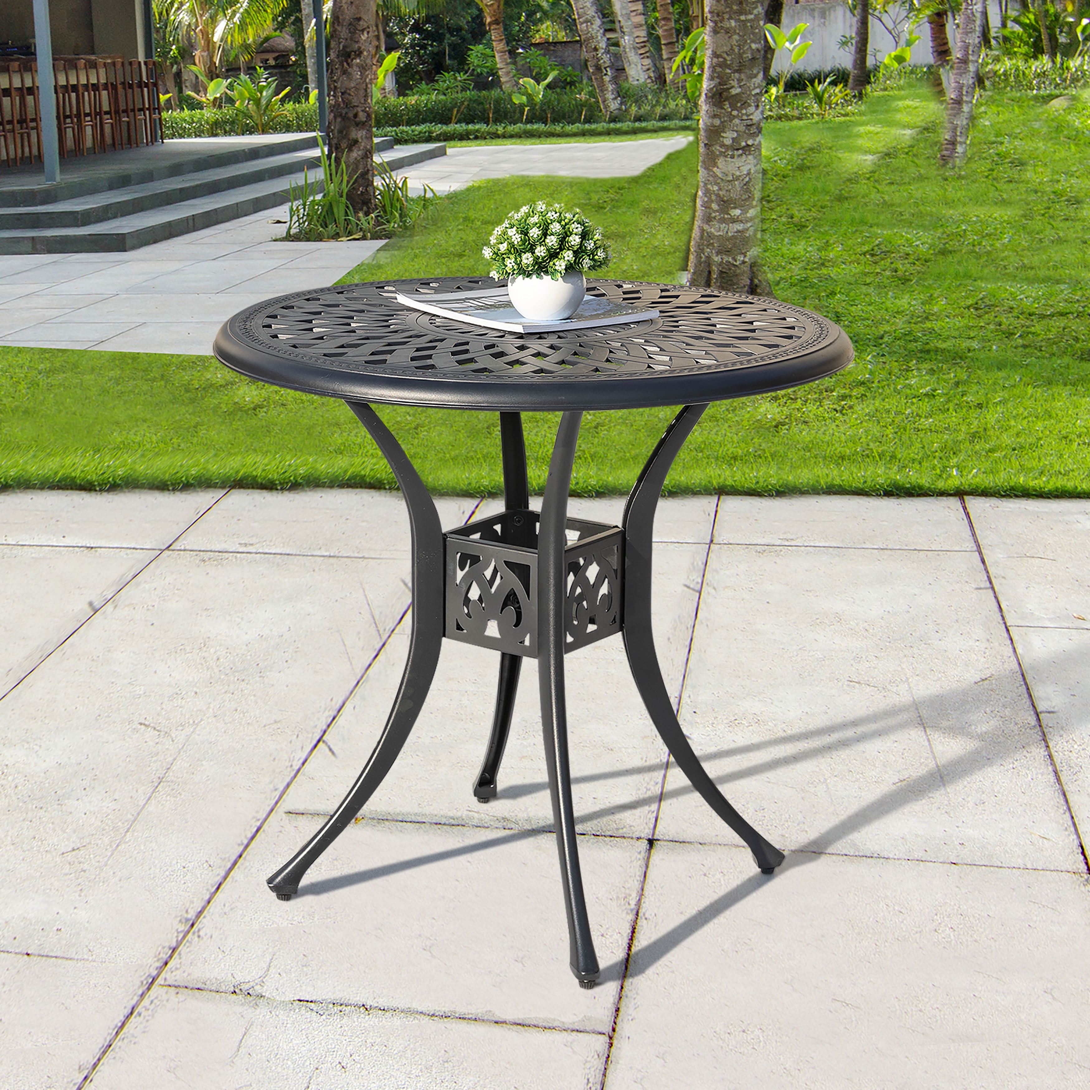 Nuu Garden 30 Inch Patio Dining Table, Cast Aluminum Round Outdoor Table with Umbrella Hole for