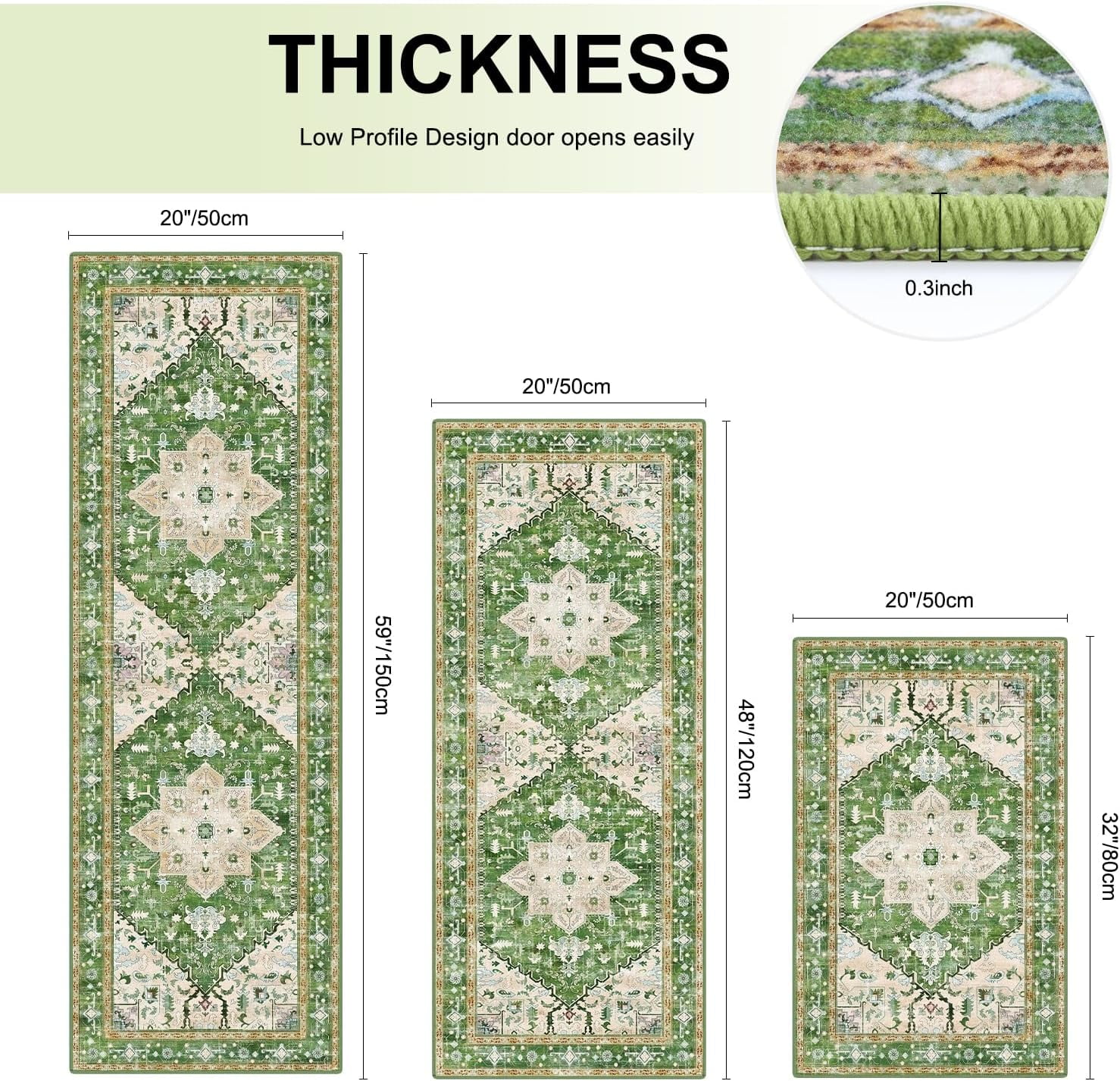 Boho Washable Kitchen Rugs Sets of 3, Non Slip Kitchen Mats for Floor with Rubber Backing, Waterproof & Stain Resistant Thick Carpet Runner Throw Rug for Kitchen, Laundry Room, Hallway, Green