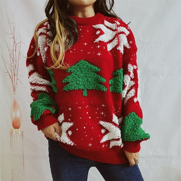 Suéter navideño de punto grueso de manga larga con cuello redondo y jacquard con diseño de árbol de Navidad para otoño e invierno para mujer