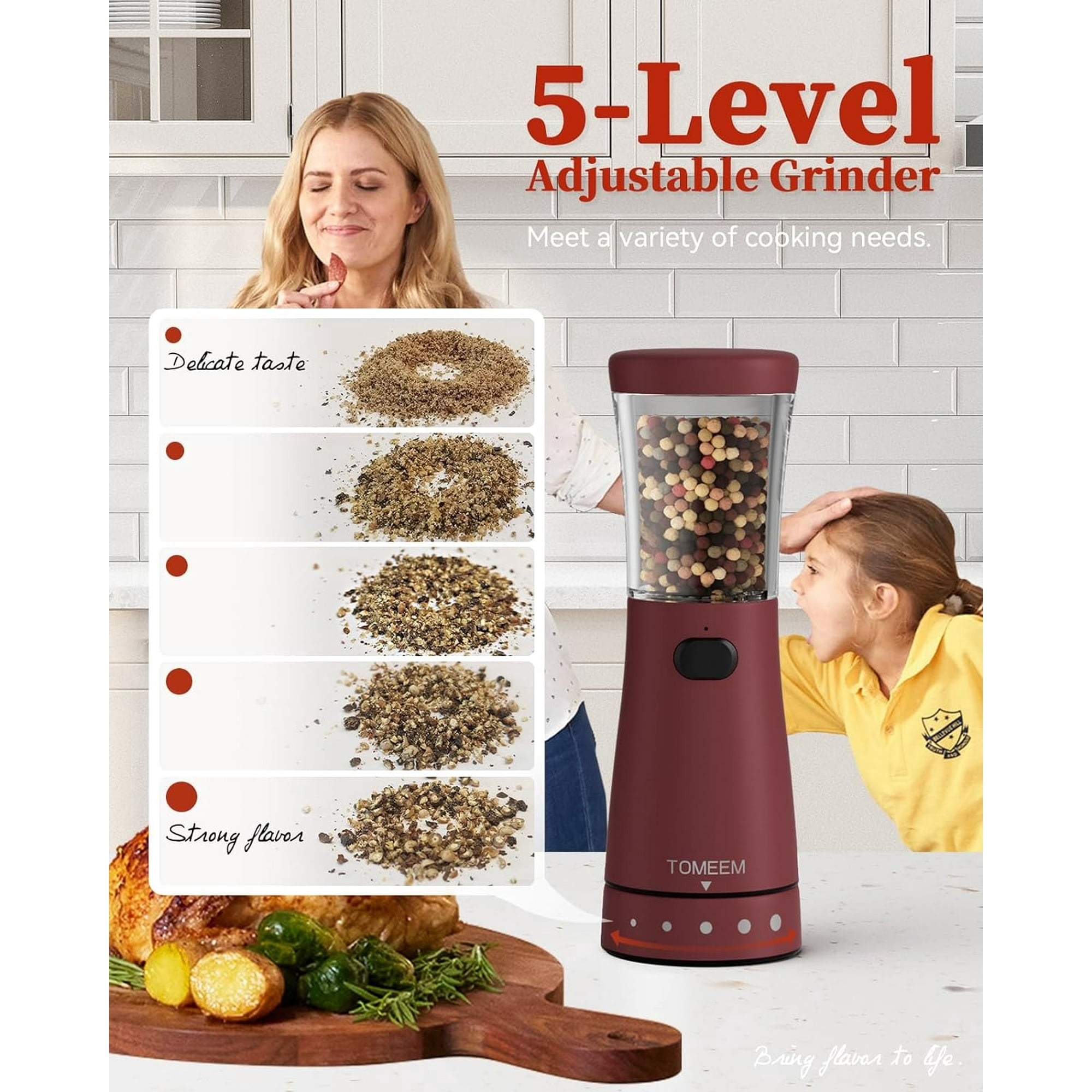 Tomeem Electric Salt and Pepper Grinder Set with LED lights, 5-level Adjustable Coarseness, Rechargeable Automatic Salt and Pepper Grinder Set