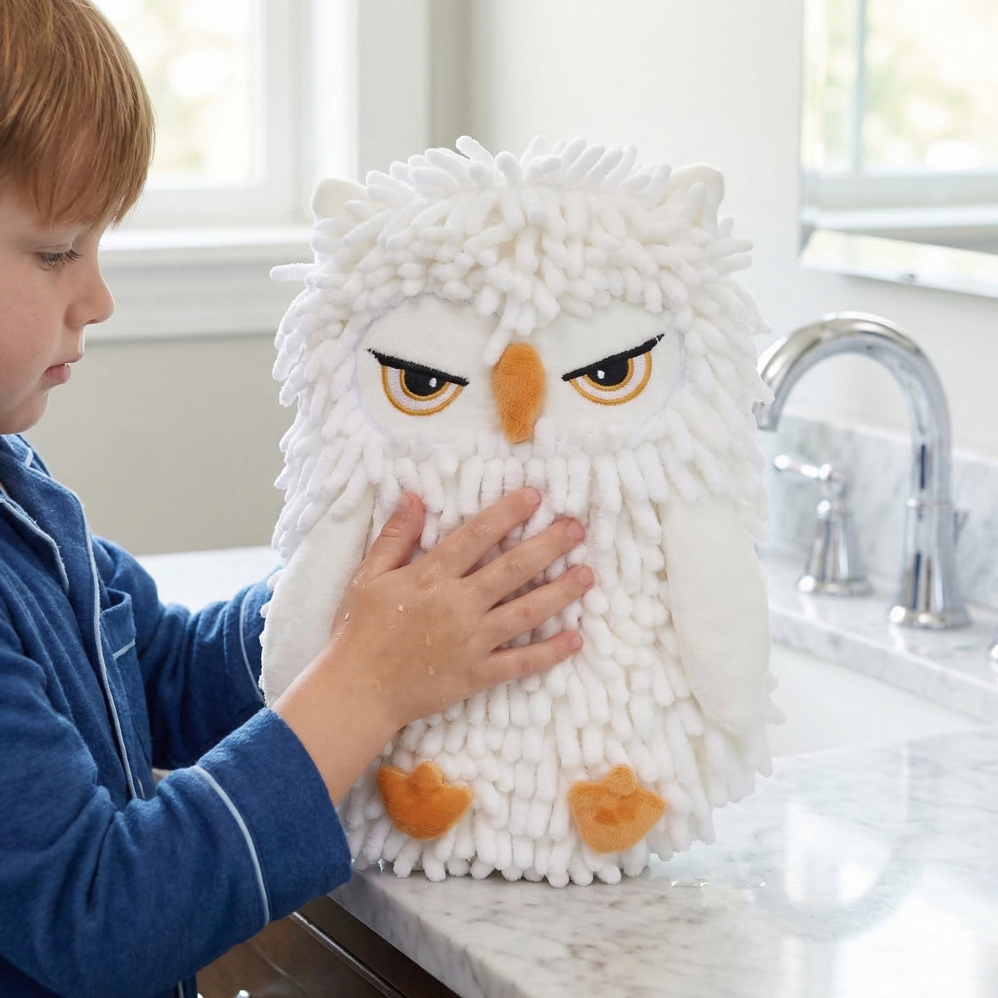 Unique Bargains Cute Owl Shaped Soft Chenille Hanging Hand Towels White 11" x 9"