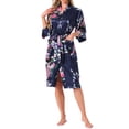 thumbnail image 1 of Batas de satén para mujeres con estampado floral, cuello en V, manga 3/4, para novias y damas de honor, bata de baño con estampado de pavo real, talla 2XL, color navy, 1 of 5