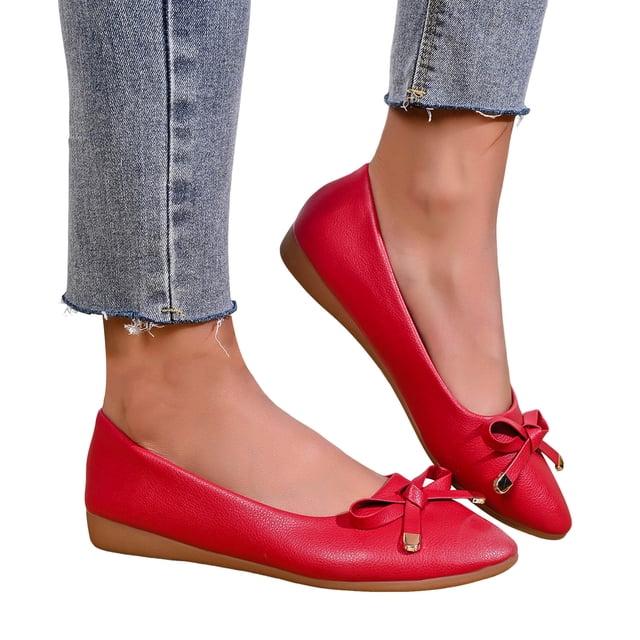 Dakaela Chaussures Plates pour Femmes, Bout Rond Fermé, Ballerines à Petit Talon Compensé, Nœud, Mocassins Confortables en Cuir à Enfiler pour Femmes, Rouge, Taille 7