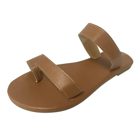 

uikmnh Women Slippers Leisure Bohemia Women s Solid Color Summer Non Slip Slip On Flat Beach Open Toe Breathable Sandals Shoes Slippers Brown 8.5