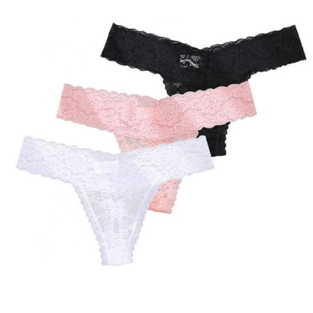 3 Pack Sexy Lace Thongs for Women Low Rise G-String Hollow Out Mesh Panties Intimates Lingerie